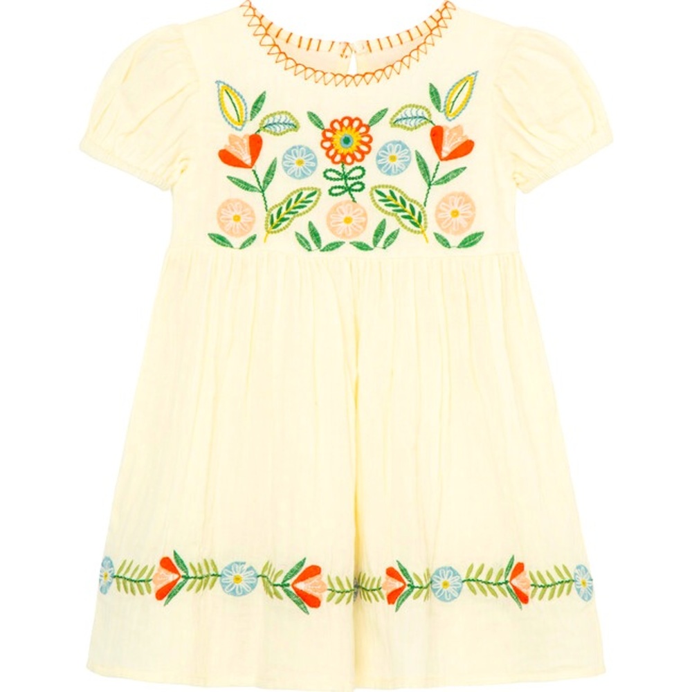 Peek Kids Girls Embroidered Folk Flower Dress Cotton Cream 18-24 Months